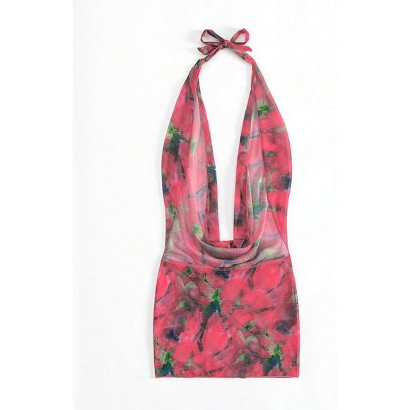 SHENHE Floral Print Halter Plunging Neck Sleeveless Backless Cover Up Dress Sz L - Picture 6 of 8